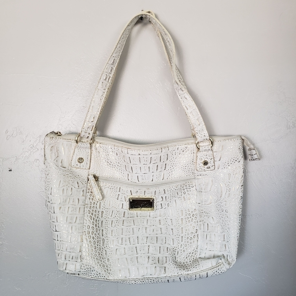 Marc Fisher White Gold Tote Bag Shoulder Purse Textured Reptile Animal Print